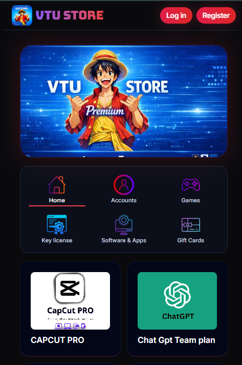 VTU Store premium account and license website screenshot